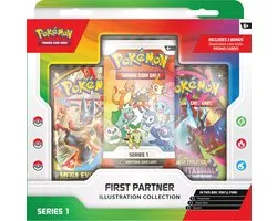 Pokémon Kaarten - First Partner Illustration Collection 1 - Booster Bundle - 3 Booster Packs - 1x Mega Evolution Booster Pack + 1x Phantasmal Flames Booster Pack + 1x Pack met 3 Illustration Rare-stijl Promokaarten + 1x Stickervel - TCG - Box - Cards