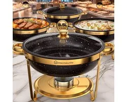 WARMOUNTS Chafing Dish 4-delige Set – 8,5 L per Chafer – Ronde Buffetwarmer met Glazen Deksel – RVS – Goud – Catering & Feest
