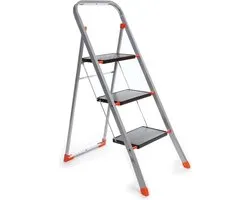 Toolland Stepix trapladder, 3 treden, inklapbaar, huishoudtrap met hoge beugel, antislipvoetjes en antislipprofiel op de twee treden, epoxycoating, metaal, draagvermogen tot 150 kg