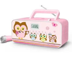 CD-Radio voor Kinderen met Karaoke en Microfoon - Draagbare Muziekspeeler met USB en AUX-In, Roze Uilmotief