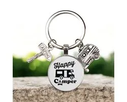 Porte-clés Happy Camper (avec plaque Camping et Caravane) 6 x 3 cm