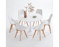 Solvix Eettafel – Eetkamerstoelen Set van 6 – Eetkamerstoelen – Tafel – Ronde Eettafel met 6 Stoelen – Modern Design – Voor Eetkamer en Keuken – Wit/Zwart