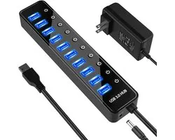 Powered USB Hub 3.0 - 10-Poort USB Data Hub Splitter Met 1 Slimme Oplaadpoort En Afzonderlijke Aan/Uit Schakelaars - 5V/4A Voedingsadapter USB Extension Geschikt voor MacBook, Mac Pro/Mini en Meer