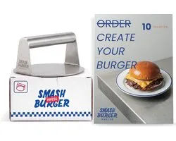 Smashburger Master® - Smash Burger Press - Inclusief Fysiek Receptenboek - Vaatwasserbestendig - Smashburger Pers – Burger press - Roestvrij staal 304 - EU gecertificeerd - Hamburger Smasher – Diameter 14 cm - BBQ accessoire - Smash burger