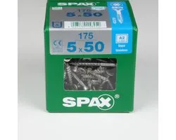 Spax RVS A2 Spaanplaatschroeven. 5.0 x 50mm. lang. 175 stuks houtschroeven. platkop Tork T20.