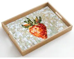 Dienblad hout 50x35 cm - Schootdienblad - Aardbei - Rood - Mozaïek - Fruit - Borrelplank rechthoek - Plateau dienbladen
