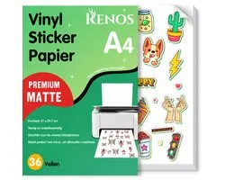 Renos 36 feuilles d'autocollants en Vinyl mat Papier Printer A4 - papier autocollant pour Printer - séchage rapide - Papier Printer autocollant - Papier autocollant - papier autocollant A4