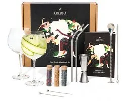 Cocora Gin Tonic Geschenkset - 12-delige RVS Cocktail Set - Maatbeker - Barlepel - Kruiden - Botanicals - Recepten Boek - Zilver