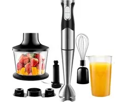 6-in-1 Hand Blender Set, Stainless Steel, 1200W, 600 ml Measuring Cup, Whisk, Chopper and Storage Rack for Preparing Baby Food, Salads, Soups and Vegetables