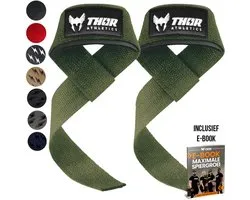 THOR Sangles de Levage - Accessoires de Musculation - Haltérophilie - soulevé de terre Straps - Army Green - E-Book Inclus - Taille Unique