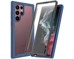 Hoesje met Ingebouwde Screenprotector Geschikt voor Samsung Galaxy S22 Ultra | Full Protect valbescherming | Schokbestendige Beschermhoes tegen Vallen | Shockproof | Doorzichtig / Blauw