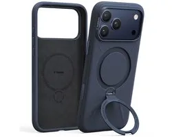 TORRAS Ostand Q Pro Silicone - Hoesje Geschikt voor Apple iPhone 17 Pro - Compatibel met MagSafe - 360° Draaibare Magnetische Standaard - Back Cover Kickstand Ring - Blauw