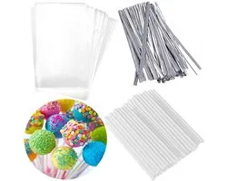 Silver Lollipop Cake Pop Treat Bag Set Includes 100pcs Package Bags, 100pcs Paper-like Treat Sticks, 100pcs Colorful Metallic Twist Ties for Making Lollipops, Cake Pops,