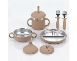 NilaFee® Service de table pour enfants Robin Caramel – Ensemble repas bébé – Silicone et acier inoxydable – Assiette à compartiments – Bol – Gobelet avec paille – Couverts – Service de table pour enfants – Tout-petits et bébés 6m+