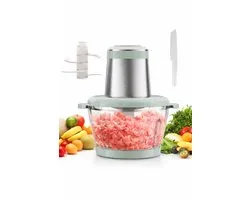 Elektrische Hakmolen - Food Chopper - Mini Keukenmachine - Vleesmolen - Groentehakker - Uiensnijder - Knoflookhakker - Notenmaler - Kruidenmolen - 2L Glazen Kom - 4 RVS Messen - 2 Snelheden - 400W - Veiligheidsslot - Groen