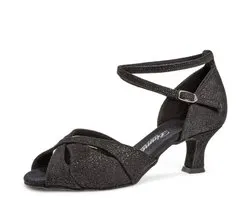 Dames open latin dansschoenen - Brede Pasvorm - Diamant 141 - 067 - 550 - Stabile 5 cm Flared Hak - Glinsterend Suede - Flexibele suede zool - Druksluiting - Latin, Ballroom, Salsa, Tango, Kizomba, Bachata - Diamant - Zwart - 38.5