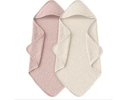 Badcape | Beige&Roze | Set van 2 | Zachte hydrofiel | Katoen | Wikkeldeken | Doek | Capuchon | Baby | Kind | Kraamcadeau