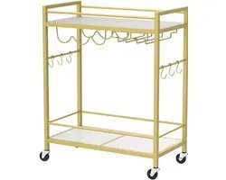 Hoppa! Chariot de service, Chariot de bar, Chariot à micro-ondes, Chariot à boissons, Etagère de cuisine mobile avec casier à vin et porte-verre - Métal doré - 60x33x83 cm (LxPxH)