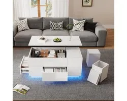 Coffee table height adjustable, 4-in-1, 100 x 50 x 45 cm, LED coffee table with 2 drawers, high gloss table with bench and 2 stools, side table, load capacity up to 50 kg, white