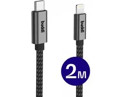 Buddi Flex | USB-C naar Lightning Kabel 20W Fast Charge | Power Delivery | 480Mbps Dataoverdracht | Gevlochten Nylon | 2M | 2 Meter | Zwart