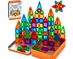 Playablez Mini Magnetic Tiles Travel Set - 72 Stuks - Magnetische Tegels Reisset met Opbergblik - Reisspeelgoed voor Onderweg - Magnetisch Bouwspeelgoed Montessori Speelgoed voor in de Auto in het Vliegtuig - Magna Magneten Speelgoed Jongens Meisjes