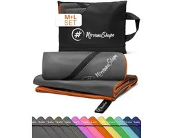 NirvanaShape - microvezel handdoek - strandlaken en badlaken - sneldrogend en absorberend - sporthanddoek met slimme hoekzak - set van 2: 140 x 70 cm + 120 x 60 cm - Grijs / Oranje Rand