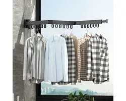 Clothes Rail Wall Mounted, Foldable Wall Clothes Airer, Extendable for Laundry Room, Balcony, Bedroom, Bathroom, Black, 3 Folds