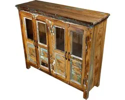 Dressoir – massief houten Sideboard – mangohout – met glas – vintage boho landelijk – woonkamer hal keuken eetkamer