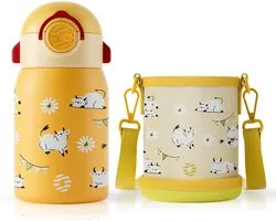 Fjbottle Thermos Flask for Kids with Straw 400ml + Backpack, BPA-Free/Leak-Proof Stainless Steel Bottle, Travel Bottle for School, Camping