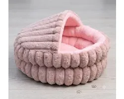 Sir.Pawsalot Luxe Overdekte Kattenmand & Hondenmand - Ribbel Donut Bed met Dakje - Iglo Holletje - Wasbaar Anti-Stress Kussen - Ø 50 cm - Oudroze