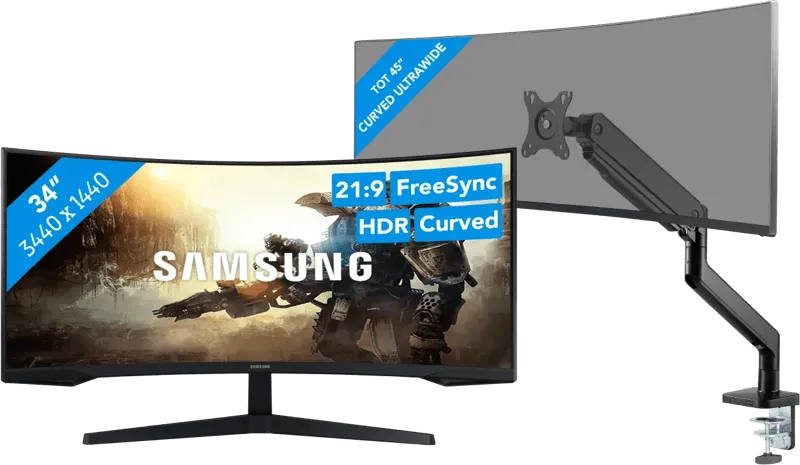 Samsung Odyssey G5 LC34G55TWWPXEN Curved + BlueBuilt Monitorarm voor 1 Ultrawide Monitor
