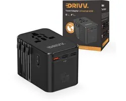 Drivv. Wereldstekker Universeel - 45W Snellader – Reisstekker Amerika / Engeland / Japan / Thailand – 2× USB & 3× USB-C – Type A, B, C, E, F, G, I, J, L, N – 180+ Landen – Reisadapter Zwart