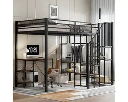 DESMIU Lit superposé 120x200cm – Armoire ouverte avec bureau et étagères – Solution de sommeil et de travail gain de place – Pour chambre de jeunes et chambre à coucher – Métal et MDF – Noir – Sans matelas