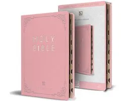 KJV Holy Bible, Large Print Handy Size Format, Pink Premium Imitation Leather with Ribbon Marker, Red Letter, Thumb Index