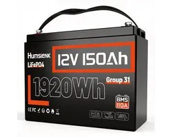 12V 150Ah LiFePO4-lithiumaccu – BCI Groep 31 – Ingebouwde 110A BMS – Deep Cycle-accu voor zonne-energie, campers, maritiem gebruik en off-grid toepassingen – 15.000+ levenscycli – Veilig en lichtgewicht – 150Ah Basismodel