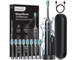 Zenwire MagniSonic 506 - Brosse à dents sonique - 97 000 vibrations/min - 6 modes - IP67 - USB-C - 60 jours d'utilisation avec moteur magnétique - 8 embouts - étui - support - câble de charge - Zwart