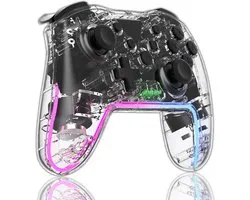 Pro Controller Draadloos - Turbo Knop -- RGB Verlichting - Geschikt voor Nintendo Switch Controllers - Controller Switch Support Turbo - up-functie en verstelbare LED (transparant Wit)