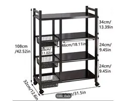 4-Tier Rolling Storage Shelf with 3 Wire Baskets & Freestanding Frame - Mobile Shelving Unit Suitable for Garage, Pantry, Bathroom, Closet Organizer, Space-Saving for New Home Gift, Painted Metal Frame, Standing Shelf