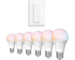 Philips Hue Voordeelverpakking - E27 - met 6 Standaard lampen - Wit en Gekleurd Licht - Incl. Hue Dimmer Switch - Hue White and Color Ambiance Essentials