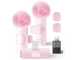 Microphone Sans Fil - 2 Pièces - Microphone Sans Fil - Microphone Pince Cravate Sans Fil - Microphone Bluetooth - Microphone Lavalier - Compatible Avec Tous Les Téléphones - Lavalier - Microphones - Plug & Play - Rose