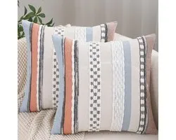 Tosleo Boho Throw Pillow Covers 18x18 Set of 2 Striped Decorative Pillowcases Accent Chenille Pillow Cases Farmhouse - ShopVlot
