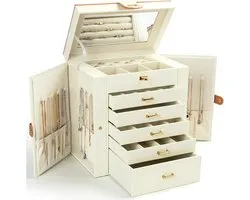 Sieradendoos Groot - 6-Laags Sieraden Organizer met Spiegel en 5 Laden - Juwelendoos voor Ringen, Oorbellen, Kettingen en Armbanden - Sieraden Opbergdoos voor Vrouwen - Wit