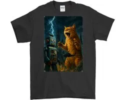 Kat Shirt – Catzilla vs Robot – Apocalyptische Outfit – Unisex T-Shirt voor Dames & Heren – Origineel Cadeau