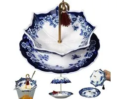 Theezeef Met Schotel - Theefilter van porselein - Paraplu Ontwerp - Thee Filter Voor Losse Thee - Theezeefje - Thee ei voor losse thee - decoratieve maker - Voor kopjes en theepotten, kruiden voor glühwein - Met Schotel - Blauw