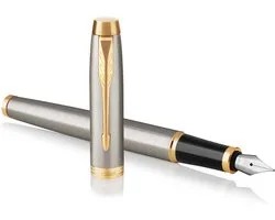 Parker IM vulpen | geborsteld metaal | medium punt met blauw inktpatroon | geschenkverpakking