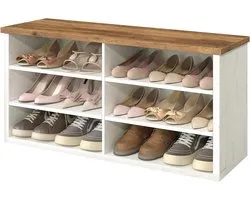 VASAGLE Shoe Bench Storage Bench 6 Tier Shoe Rack Adjustable Shelves Living Room Hallway 29.5 x 100 x 50 cm Vintage White Honey Brown LSB036W02