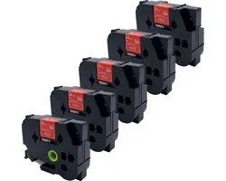 DULA Brother Compatible label tape- Tze-455 - 5 cassettes - Brother P-Touch - Wit op rood - 24mm x 8m