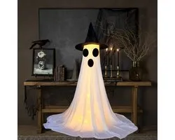 Ulisem - Halloween spookdecoratie - 1 set met led lichtsnoer en afstandsbediening - 120 cm groot hangend spook - Wit gaas met gloeiend effect - Stevig metalen statief - Geschikt voor entree, tuin en feest - Eenvoudig te installeren - C