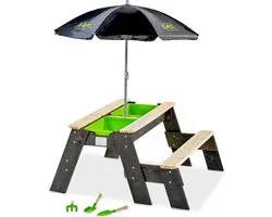Table d'activités sable et eau, et de pique-nique (1 banc) avec parasol et outils de jardinage EXIT Aksent