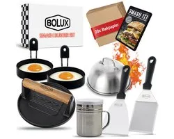 Bolux® Smash Burger Set - 8 delig - met gratis E-book - Hamburgerpers - Press - Gietijzer - BBQ Accesoires - RVS Spatel - Melting dome - 2x Eiringen - Rub shaker - Kamado - Vaderdag - Cadeau - Vlees Gewicht
